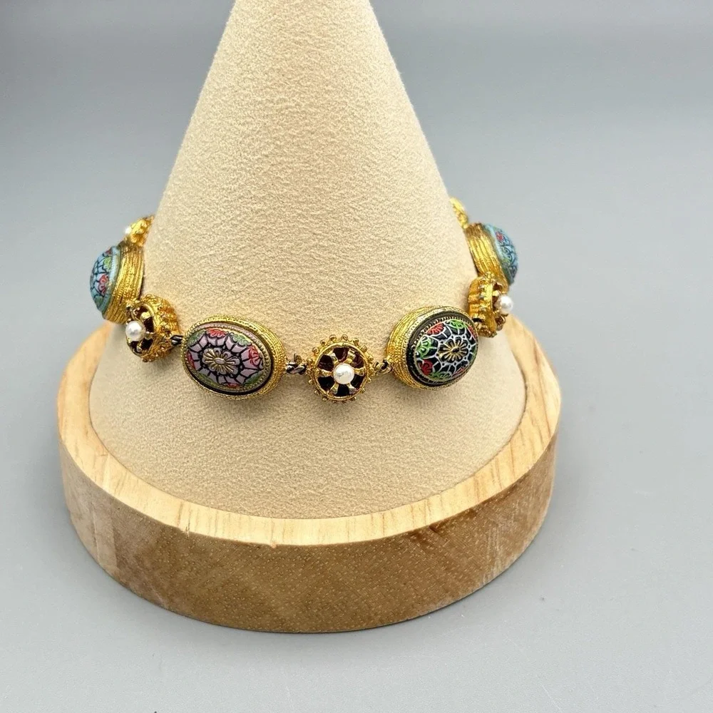Vintage Renaissance LInk Bracelet Molded Glass Faux Pearl Moroccan